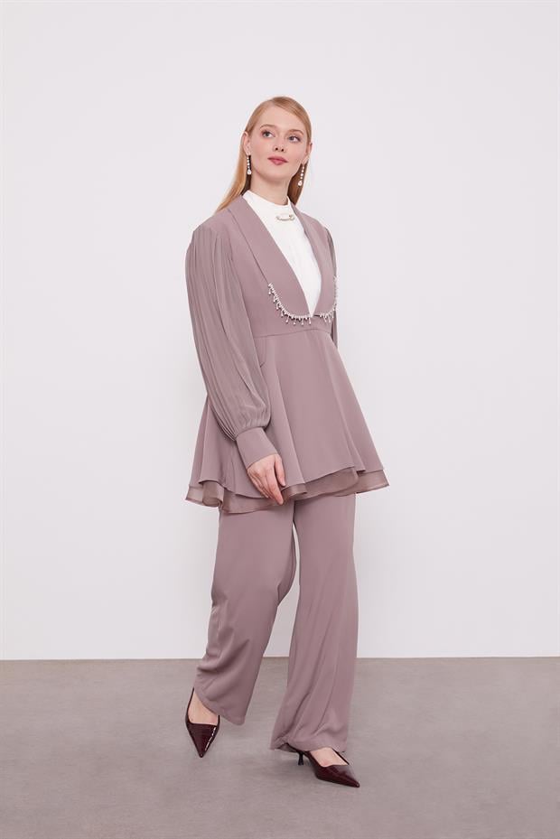 Vizon Şifon Kollu Taş Detay İkili Takım