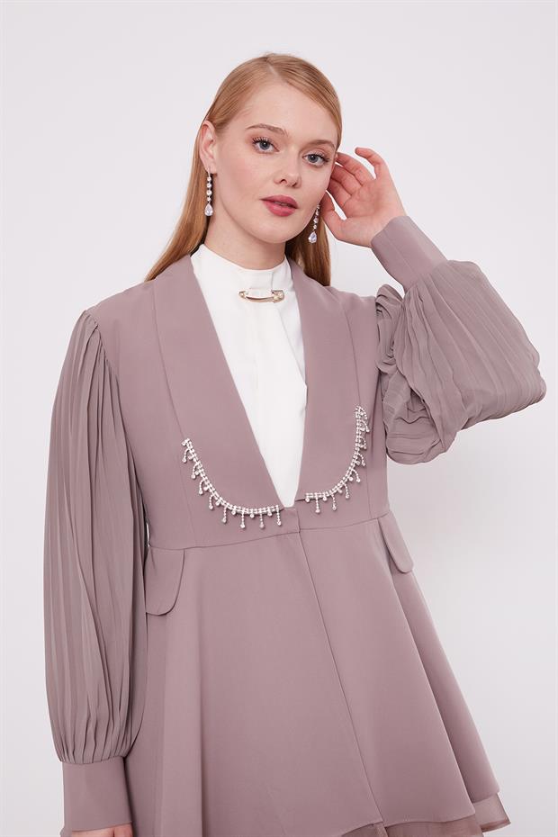 Vizon Şifon Kollu Taş Detay İkili Takım