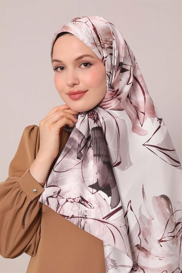 Vizon Soyut Çiçek Desen Twill Şal