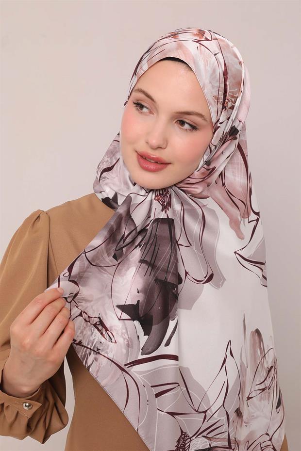 Vizon Soyut Çiçek Desen Twill Şal