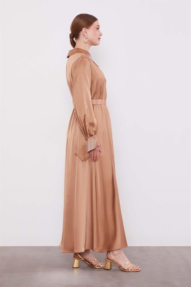 Vizon Taş Detaylı Saten Elbise