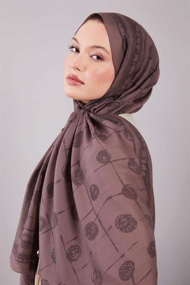 Vizon Yuvarlak Desenli Yün İpek Şal