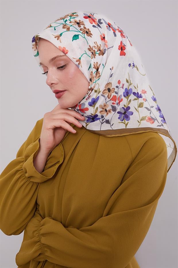 Yağ Yeşili Çiçek Dalı Desen Soft Eşarp