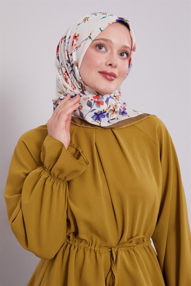 Yağ Yeşili Çiçek Dalı Desen Soft Eşarp
