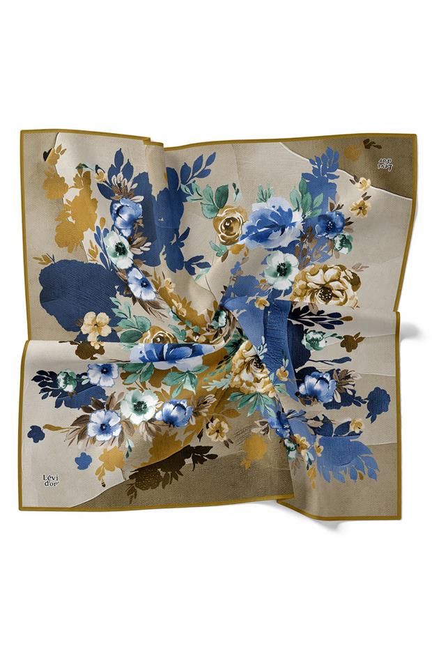 Yağ Yeşili Çiçek Desen Twill İpek Eşarp