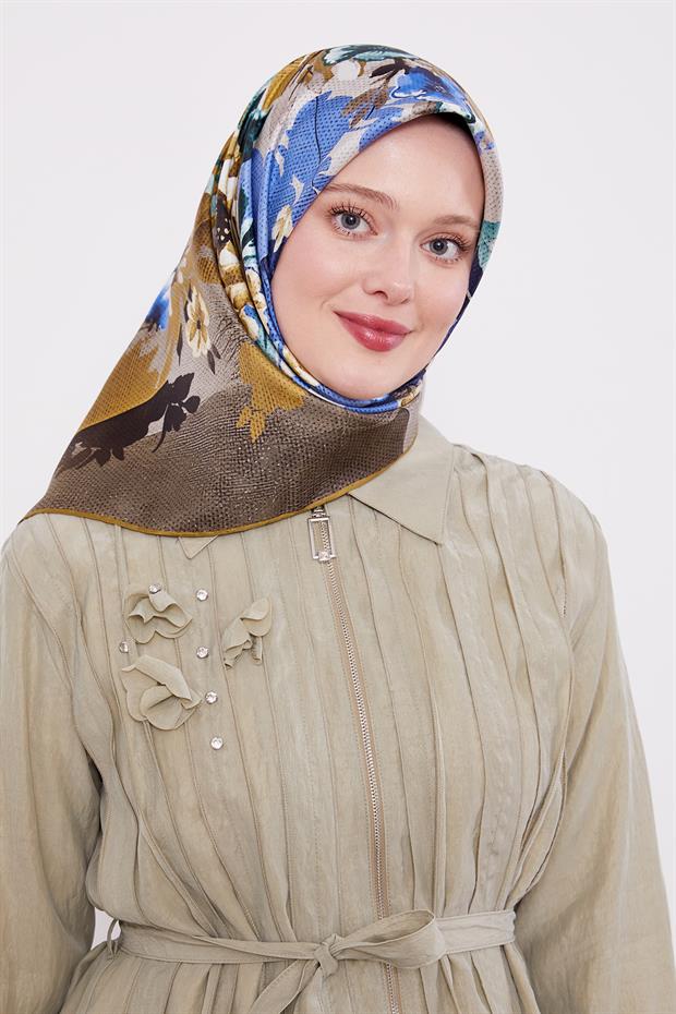 Yağ Yeşili Çiçek Desen Twill İpek Eşarp