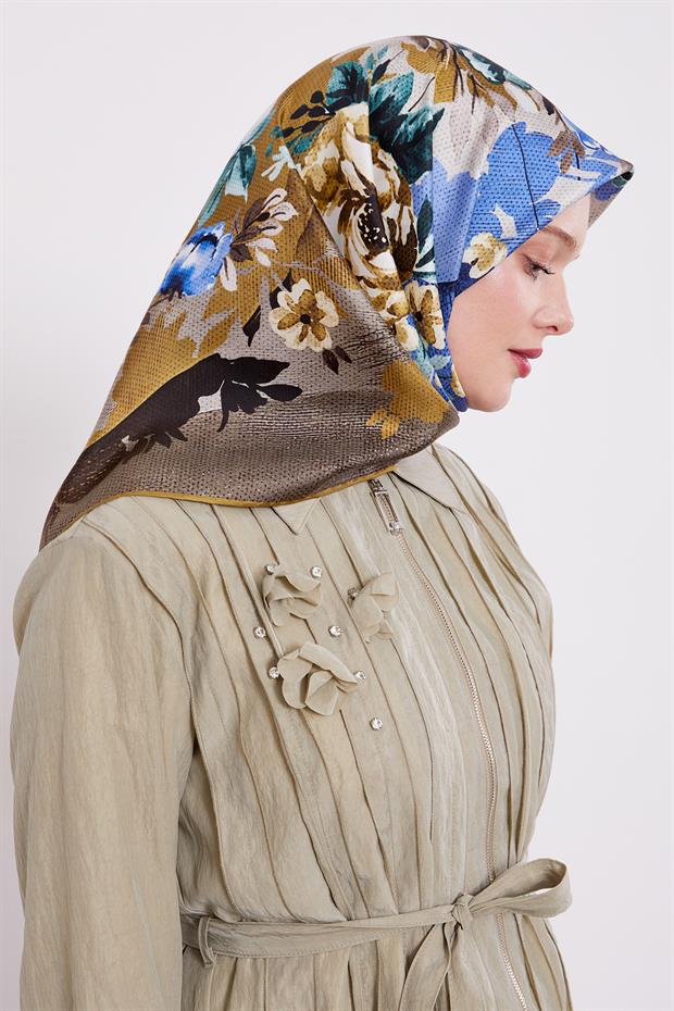 Yağ Yeşili Çiçek Desen Twill İpek Eşarp