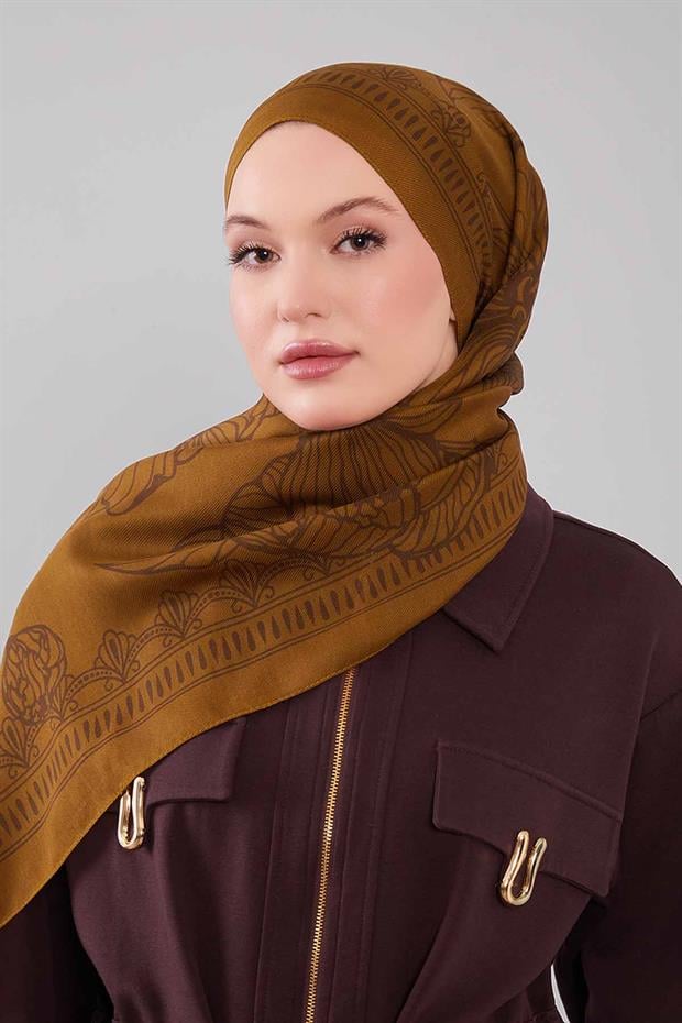 Yağ Yeşili Çiçek Desenli Yün İpek Şal