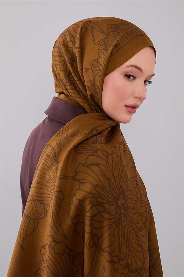 Yağ Yeşili Çiçek Desenli Yün İpek Şal