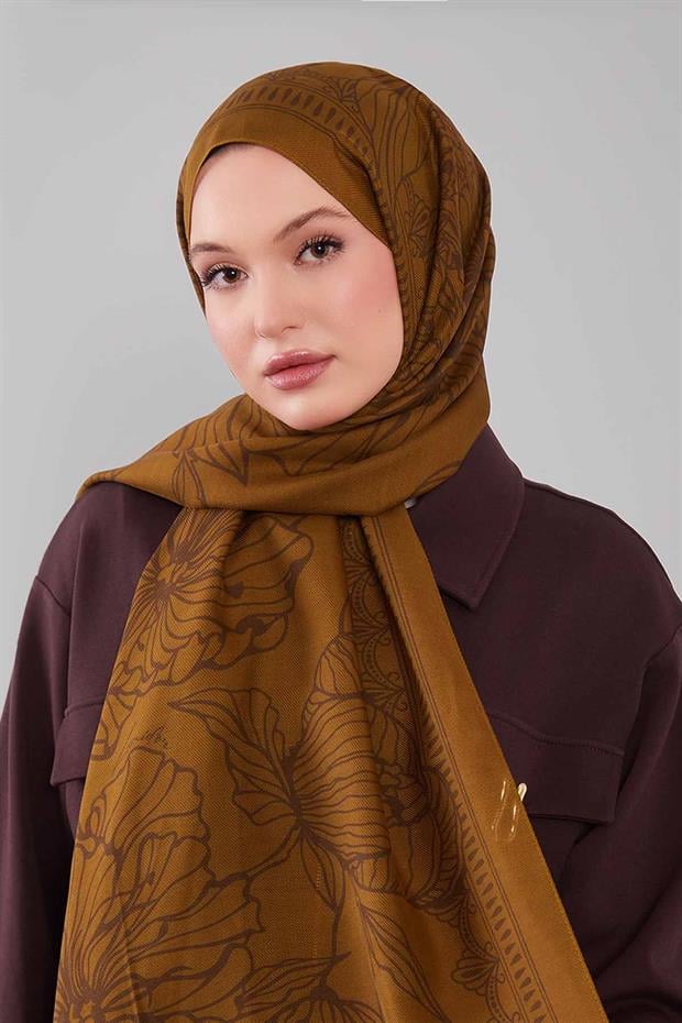 Yağ Yeşili Çiçek Desenli Yün İpek Şal