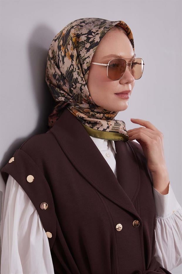 Yağ Yeşili Çiçekli Soyut Desen Twill İpek Eşarp