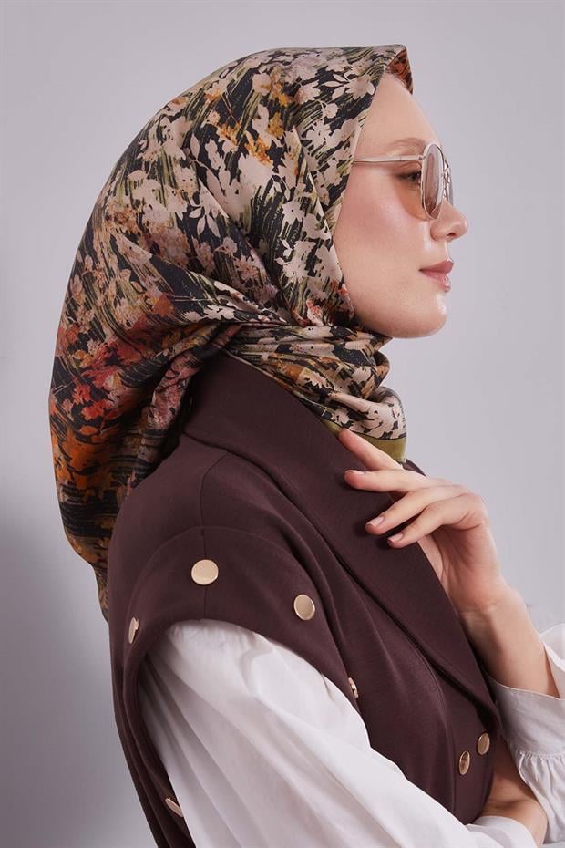 Yağ Yeşili Çiçekli Soyut Desen Twill İpek Eşarp