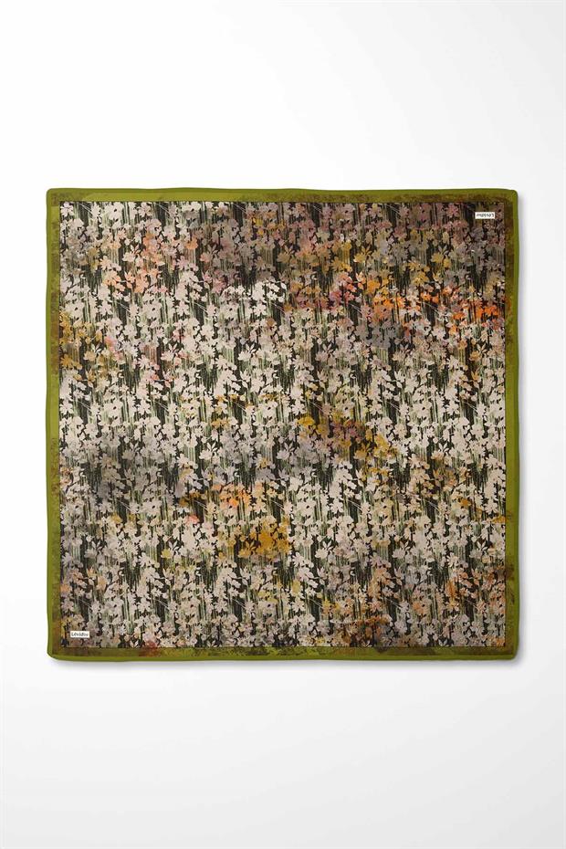 Yağ Yeşili Çiçekli Soyut Desen Twill İpek Eşarp