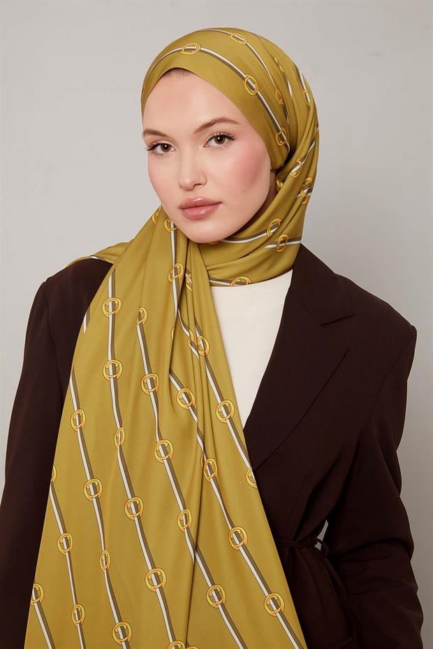 Yağ Yeşili Çizgili Halka Desen Club Şal