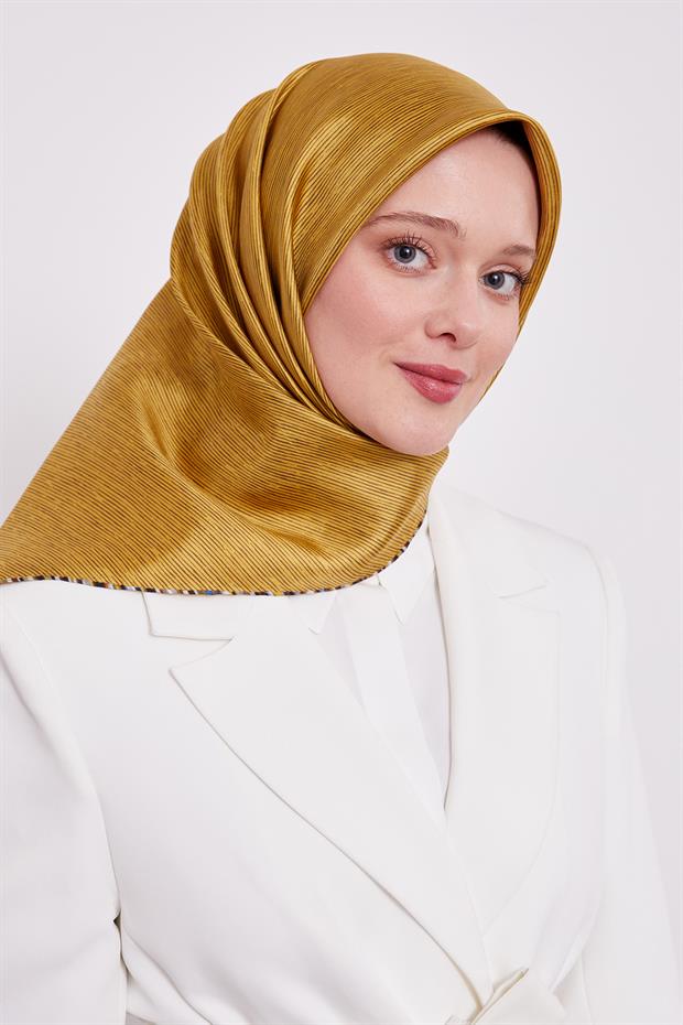 Yağ Yeşili Çizgili Twill İpek Eşarp