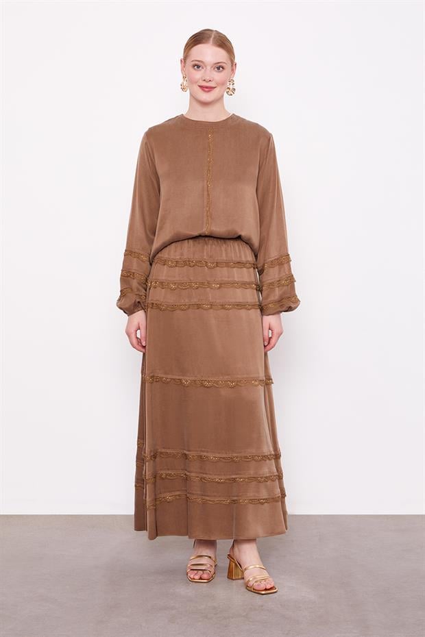 Yağ Yeşili Dantel Şeritli Cupra Etek Takım