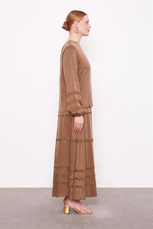 Yağ Yeşili Dantel Şeritli Cupra Etek Takım