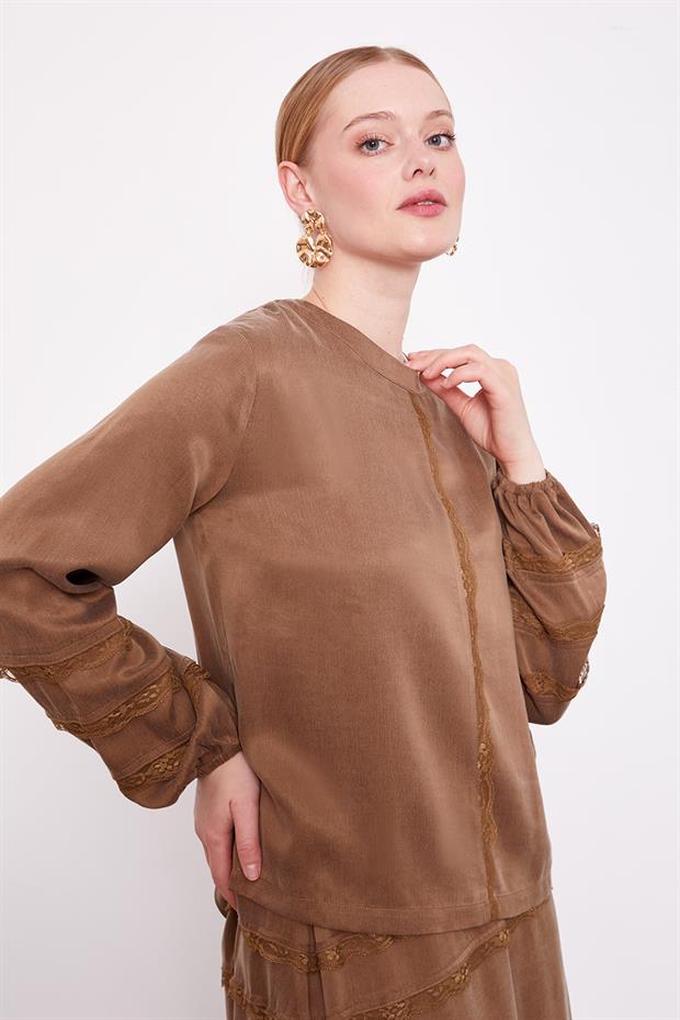 Yağ Yeşili Dantel Şeritli Cupra Etek Takım