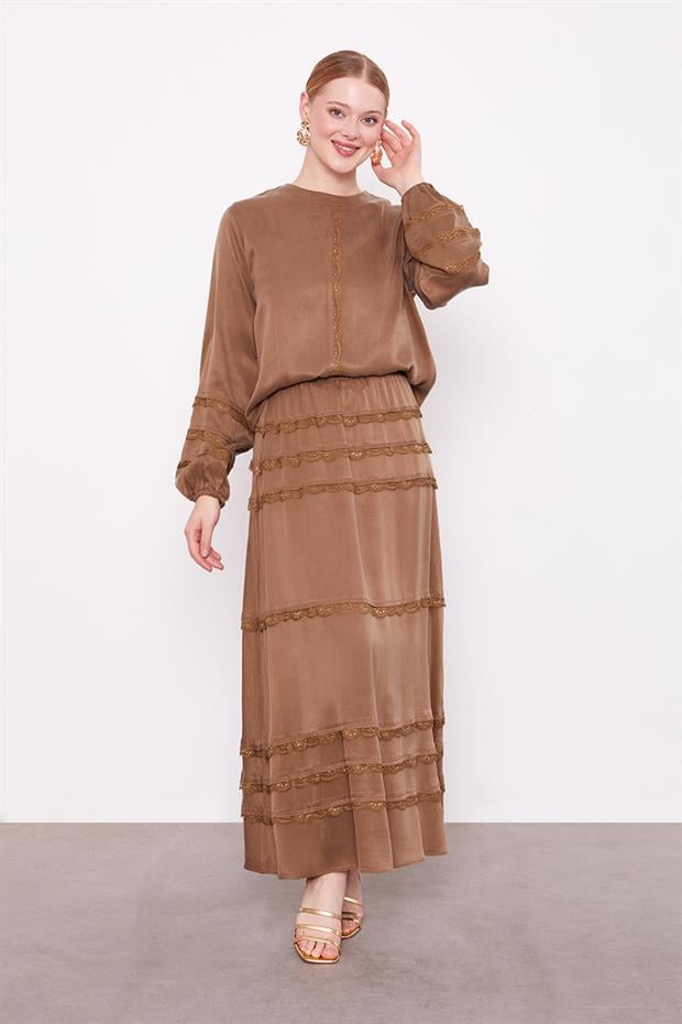 Yağ Yeşili Dantel Şeritli Cupra Etek Takım