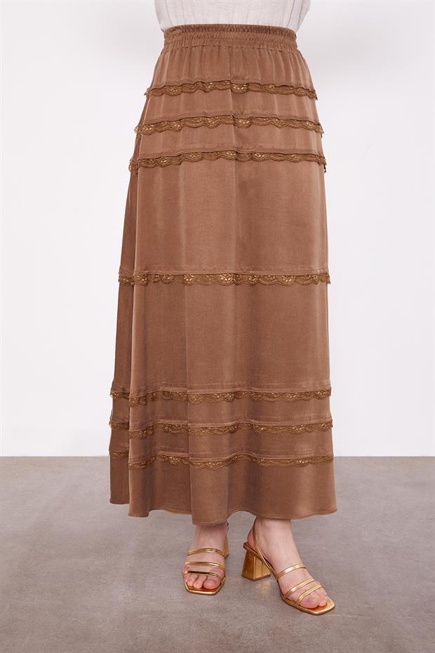 Yağ Yeşili Dantel Şeritli Cupra Etek Takım