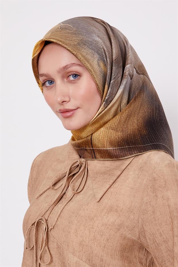 Yağ Yeşili Bohem Geçişli Twill İpek Eşarp