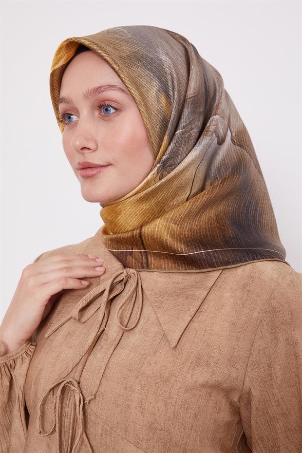 Yağ Yeşili Bohem Geçişli Twill İpek Eşarp