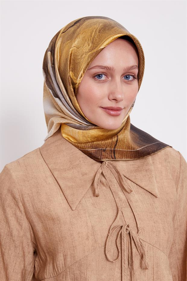 Yağ Yeşili Bohem Geçişli Twill İpek Eşarp