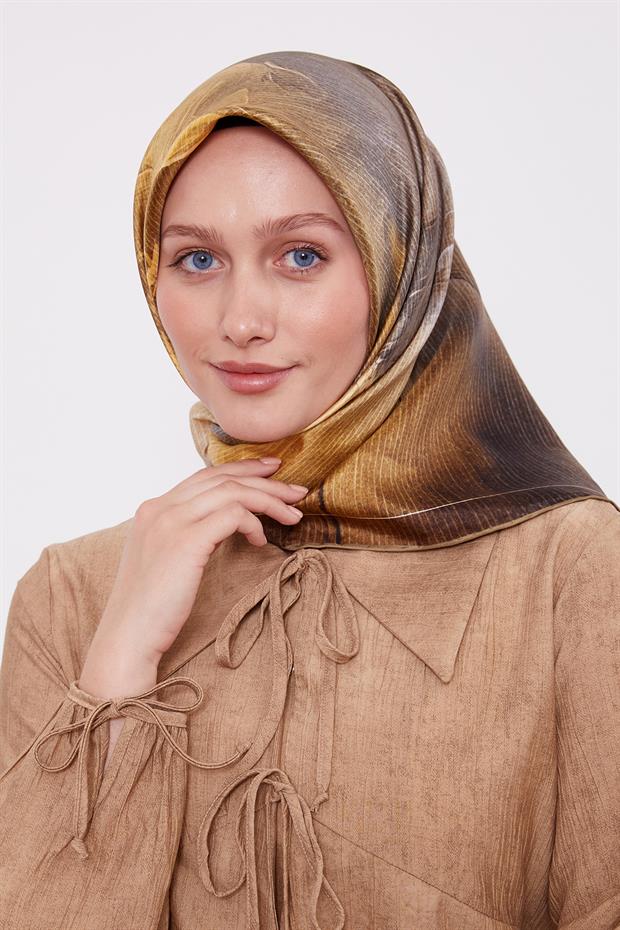 Yağ Yeşili Bohem Geçişli Twill İpek Eşarp