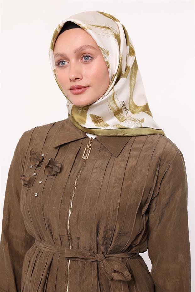 Yağ Yeşili Fırça İzi Desen Twill İpek Eşarp