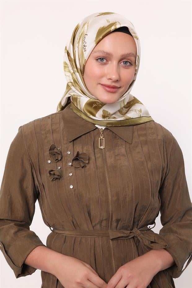 Yağ Yeşili Fırça İzi Desen Twill İpek Eşarp