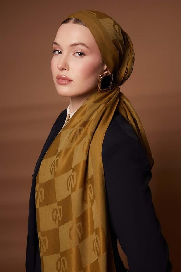 Yağ Yeşili Kare LVD Baskılı Naia Jakar Şal