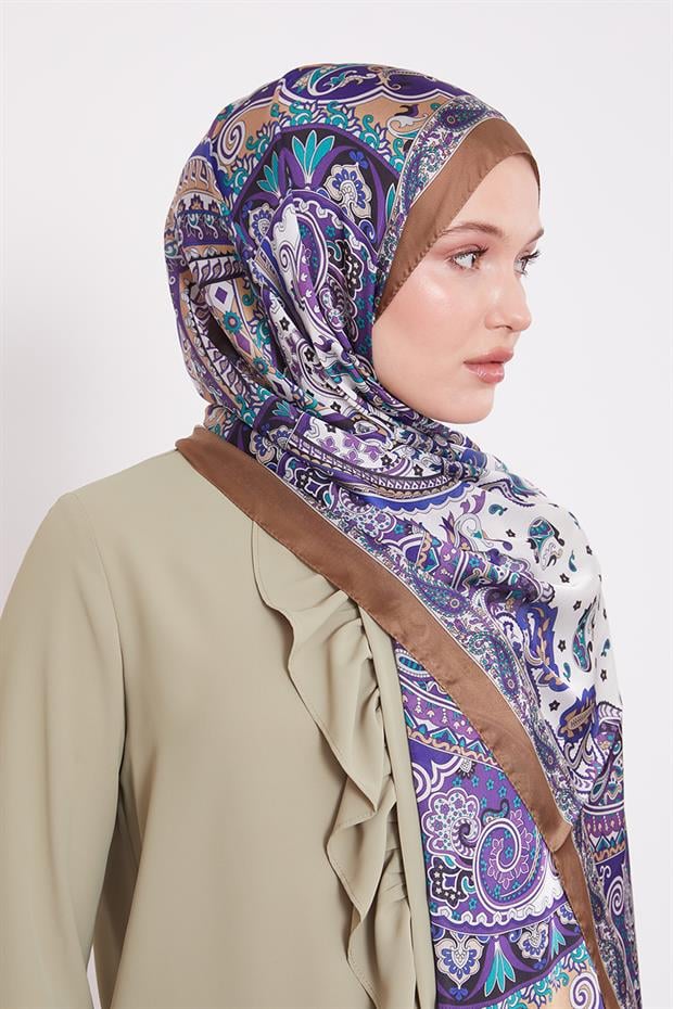 Yağ Yeşili Karışık Desenal Hint İpeği Şal