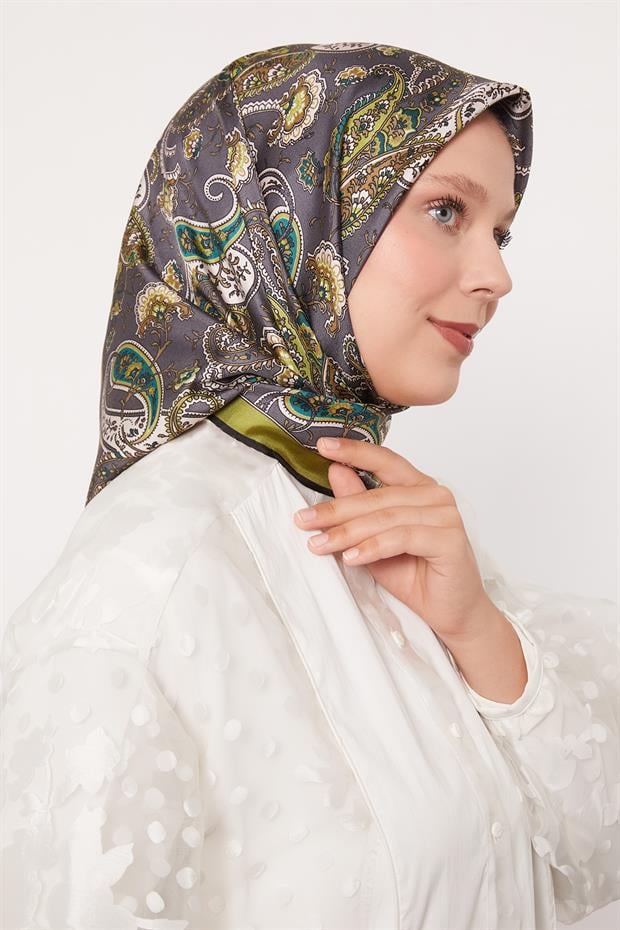 Yağ Yeşili Karışık Retro Twill İpek Eşarp