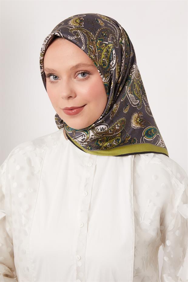 Yağ Yeşili Karışık Retro Twill İpek Eşarp