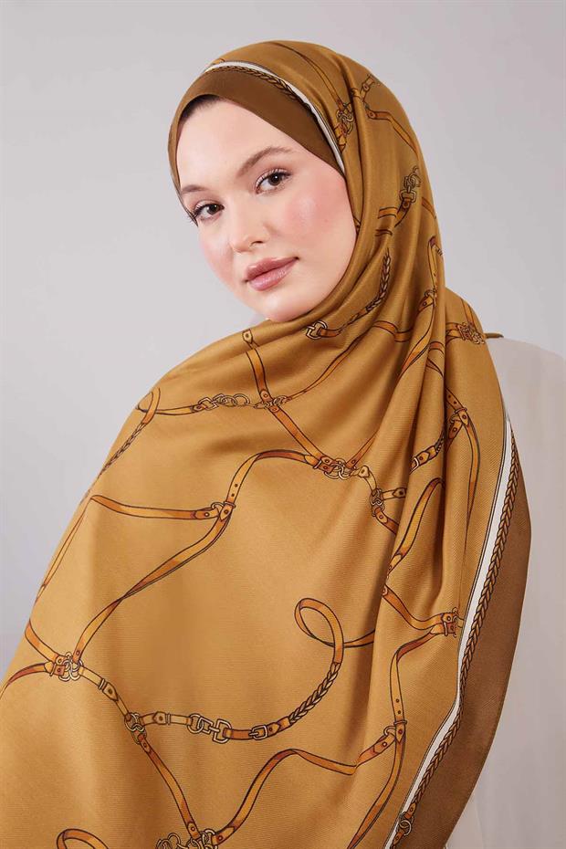 Yağ Yeşili Kemer Desenli Yün İpek Şal