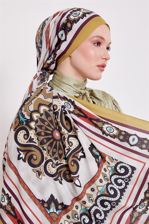 Yağ Yeşili Kenar Benek Desen Hint İpeği Şal