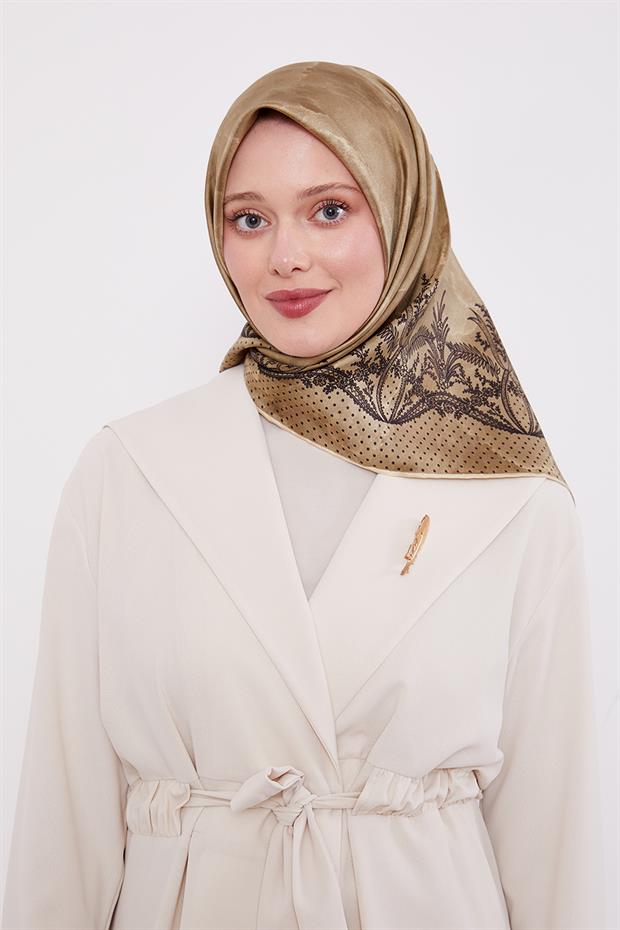 Yağ Yeşili Kenar Benekli Twill İpek Eşarp