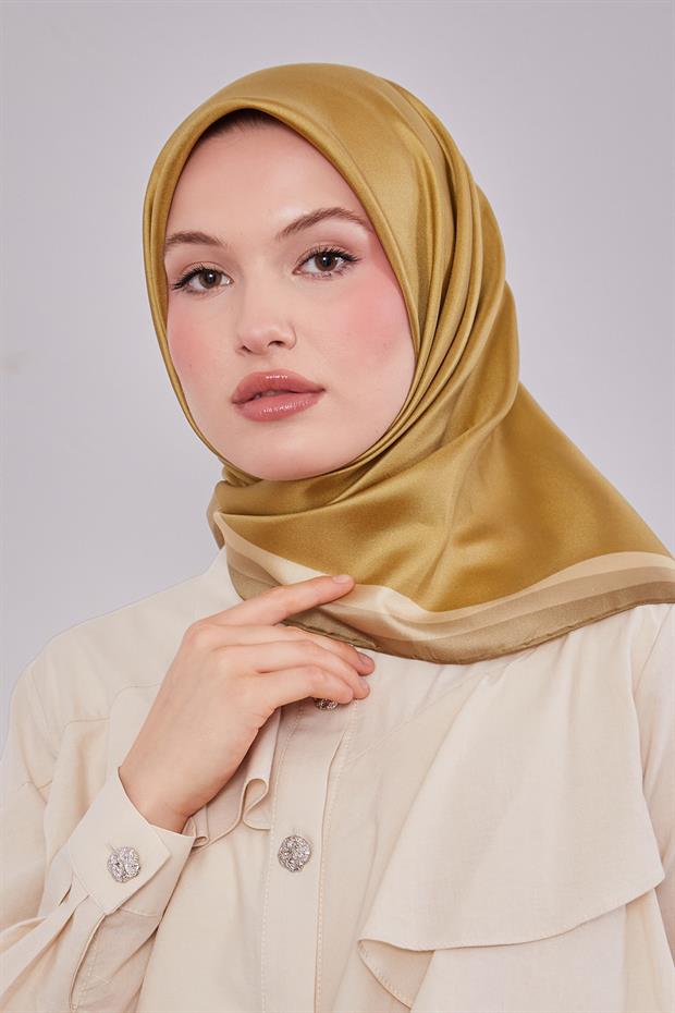 Yağ Yeşili Kenar Bordürlü Twill İpek Eşarp