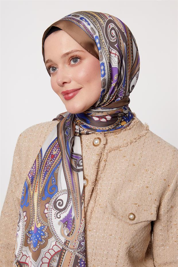 Yağ Yeşili Kenar Desen Hint İpeği Şal