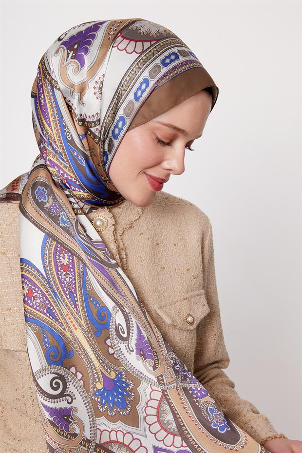 Yağ Yeşili Kenar Desen Hint İpeği Şal