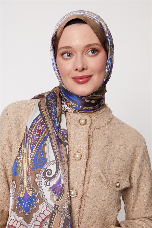 Yağ Yeşili Kenar Desen Hint İpeği Şal