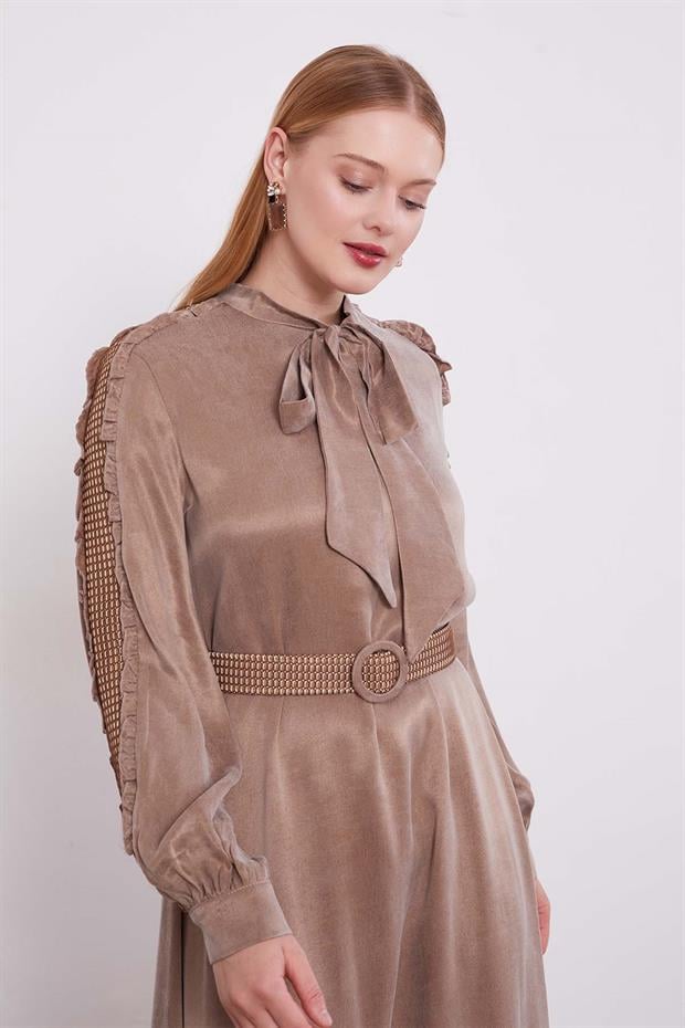 Yağ Yeşili Kol Güpürlü Cupra Elbise