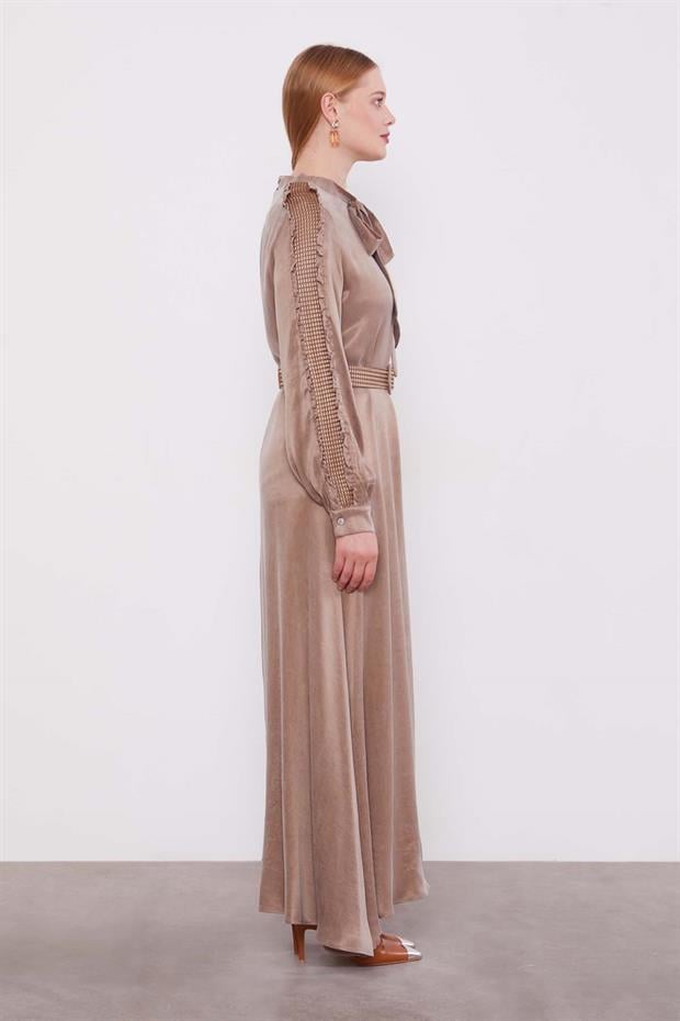 Yağ Yeşili Kol Güpürlü Cupra Elbise