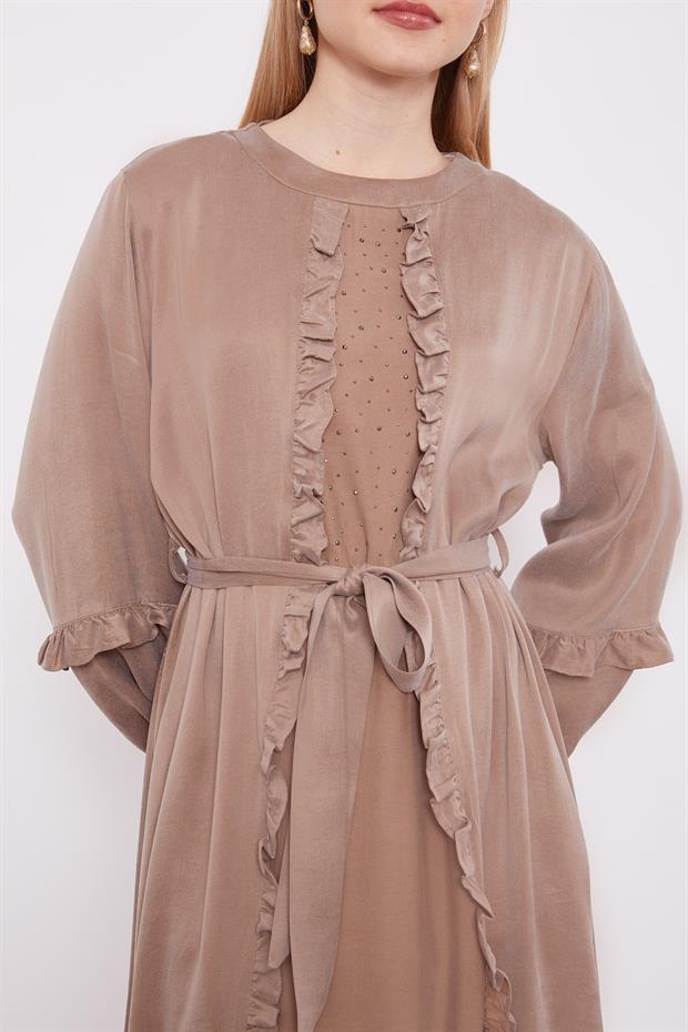 Yağ Yeşili Kuşak Detaylı Cupra Elbise