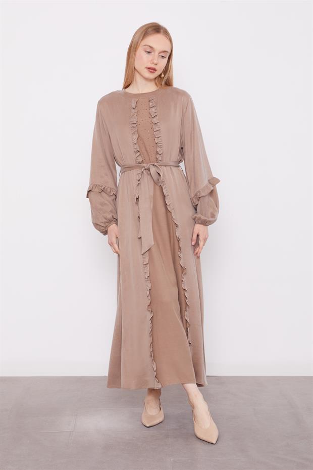 Yağ Yeşili Kuşak Detaylı Cupra Elbise