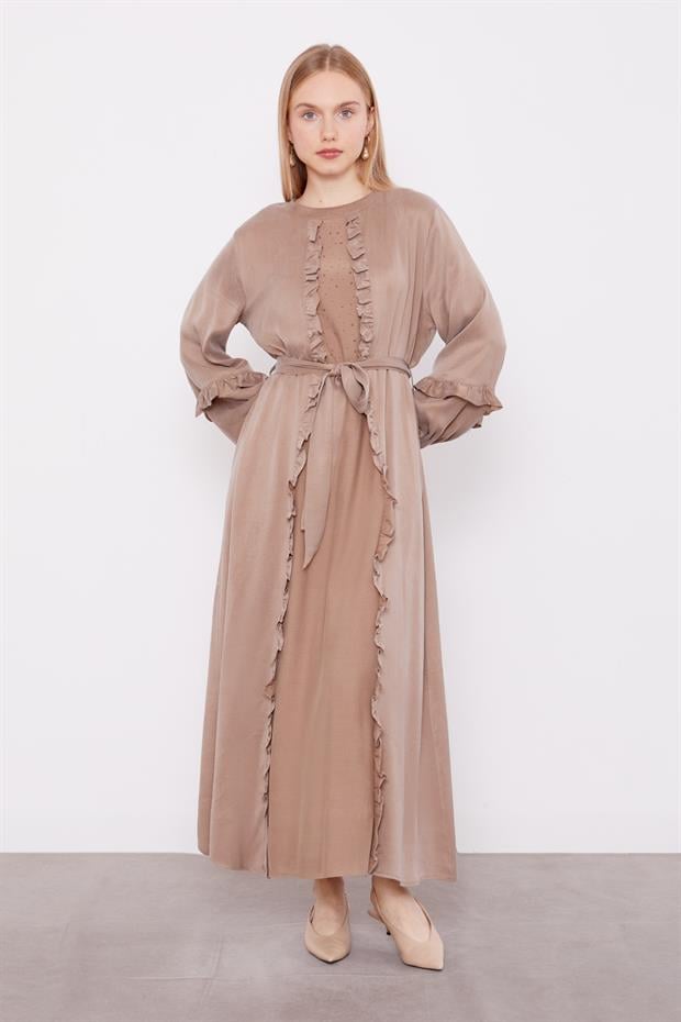 Yağ Yeşili Kuşak Detaylı Cupra Elbise