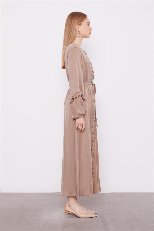 Yağ Yeşili Kuşak Detaylı Cupra Elbise