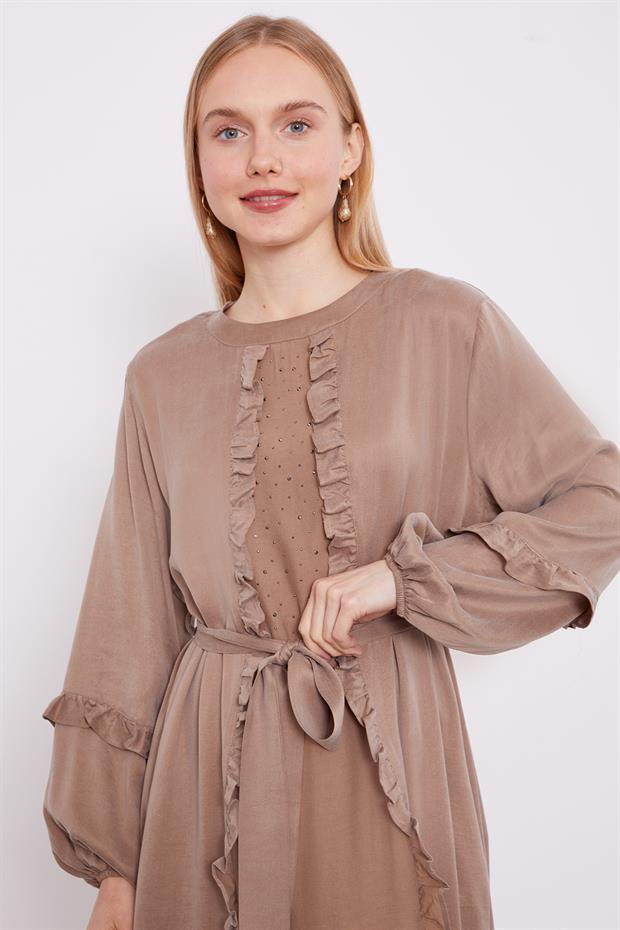 Yağ Yeşili Kuşak Detaylı Cupra Elbise