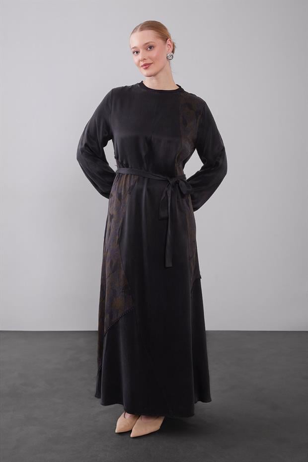 Yağ Yeşili Kuşak Detaylı Kenar Desen Cupra Elbise