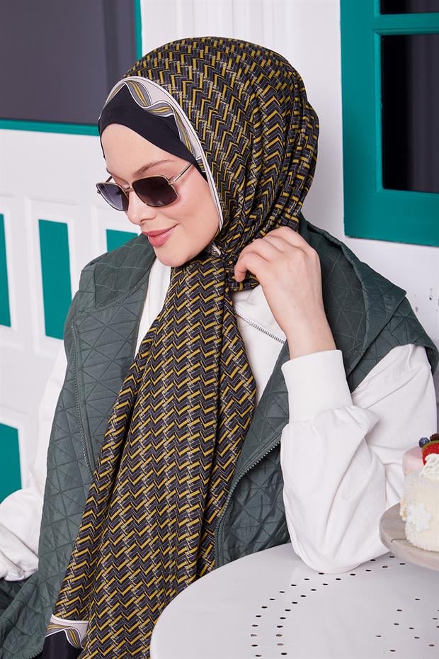 Yağ Yeşili Labirent Desen Royal Şal